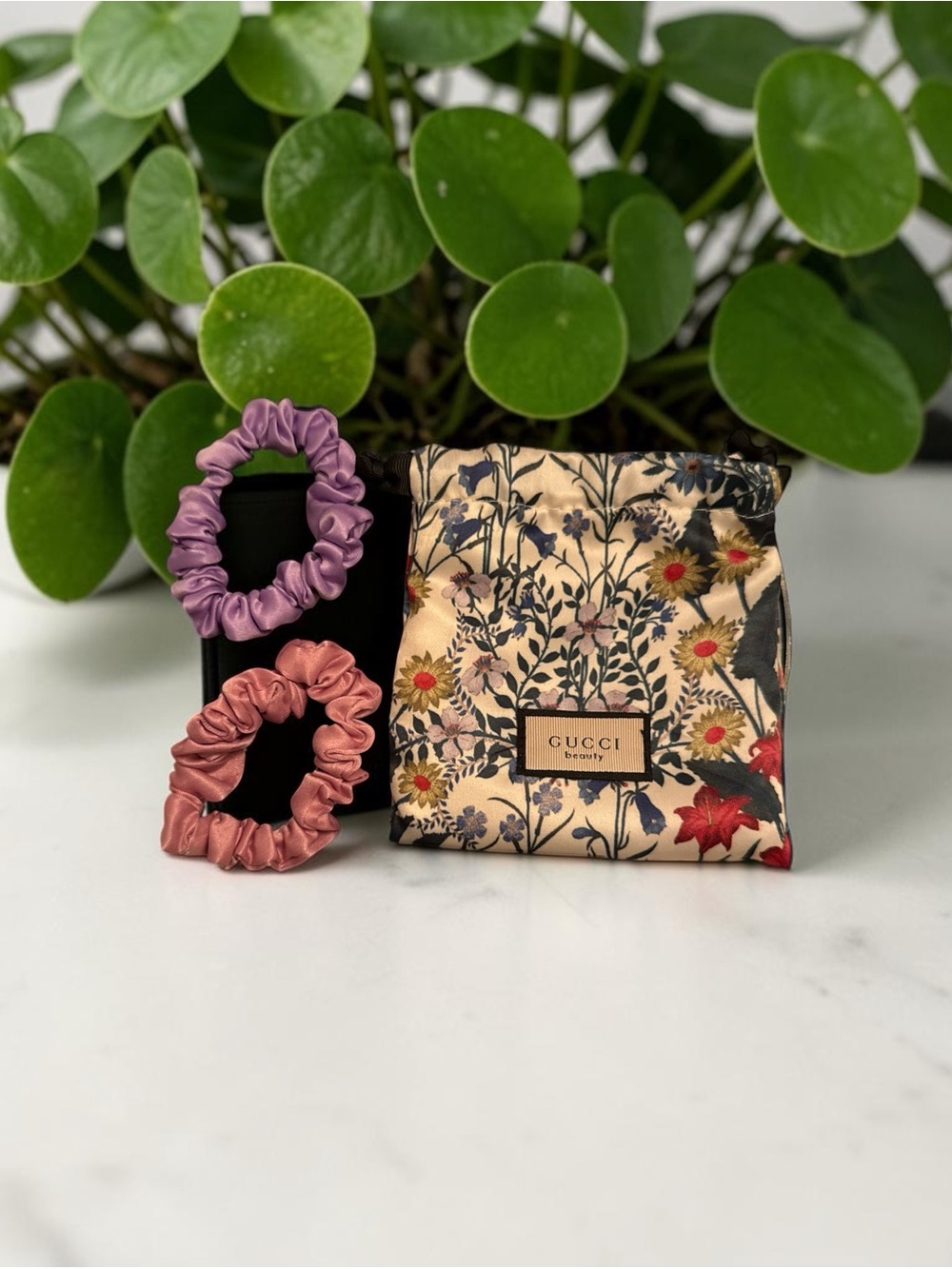 Gucci Floral Silk Pouch with Dusty Pink and Lavender Scrunchies